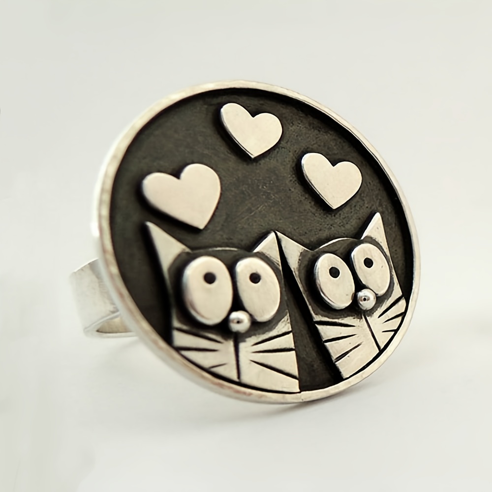 Cute Retro Cat Heart Rings, Simple Accessories for Ladies
